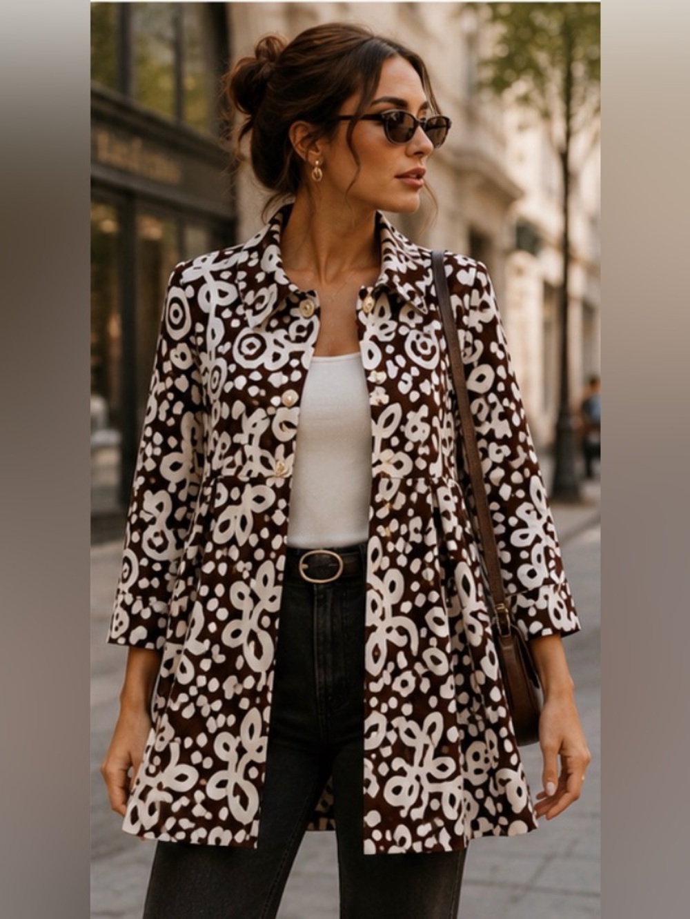 Skirtin’ Around Brown & White Abstract Print Cotton Swing Coat Size 8